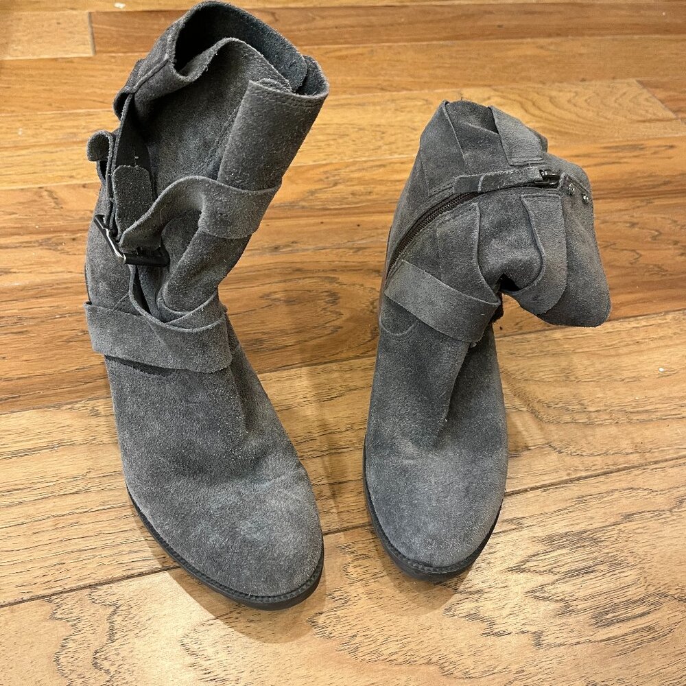 blue-grey Clarks suede wrap buckle zip booties boots size 7.5